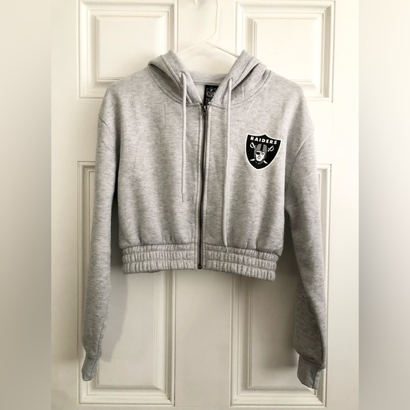 Raiders Cropped Jacket Zip Hoodie - Heather Grey Medium - Picture 4 of 4